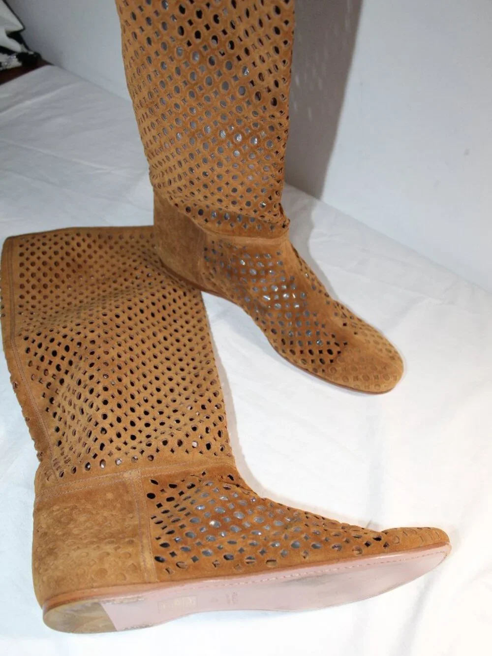 PRADA Brown Suede Leather Perforated Tall Flats Pull On Riding Boots 40